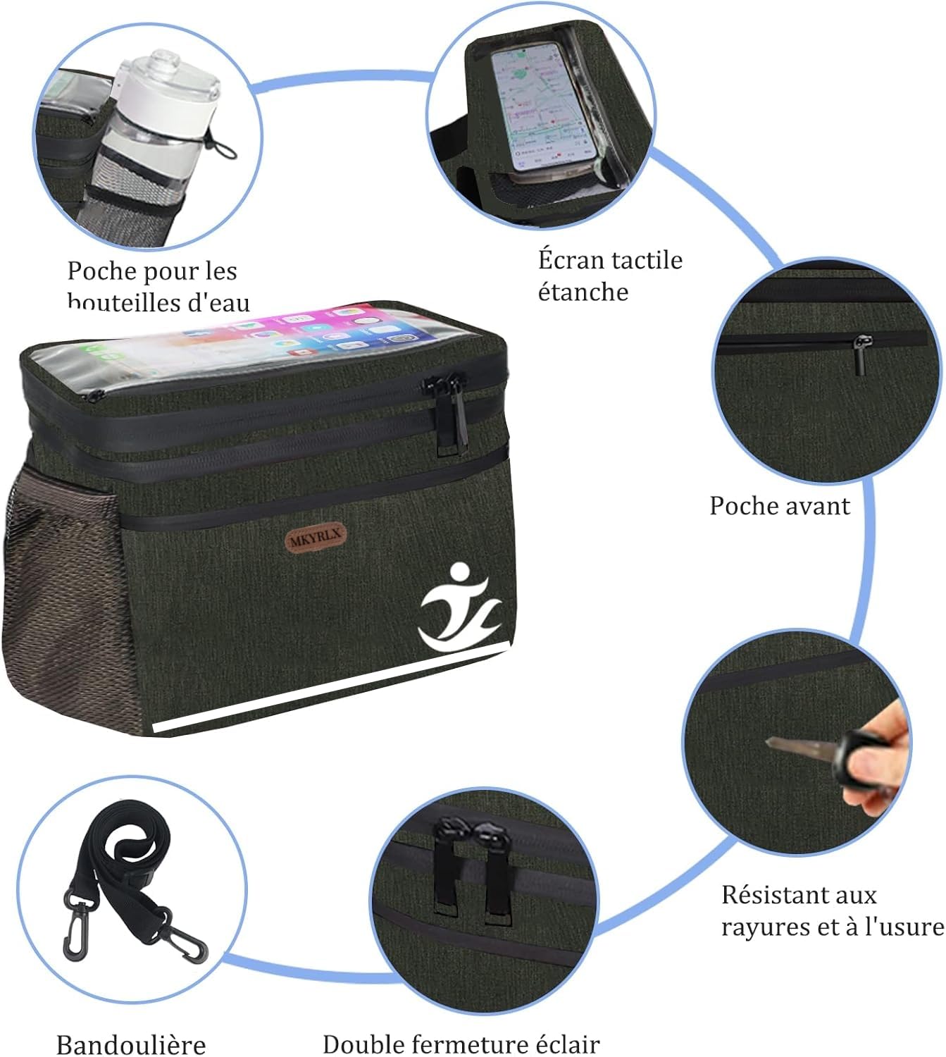 Sacoche de guidon de vélo, 5 l, étanche, poche avant isolée, avec support de téléphone portable pour écran tactile et bandoulière amovible, compartiment isotherme pour vélo électrique, VTT et