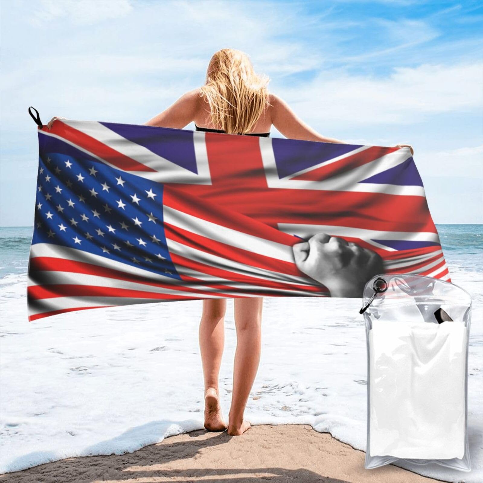 HACXZ Beach Towel America Flag and Britain British Flag Microfiber Beach Towel Lightweight Absorbent 31.5"X63"