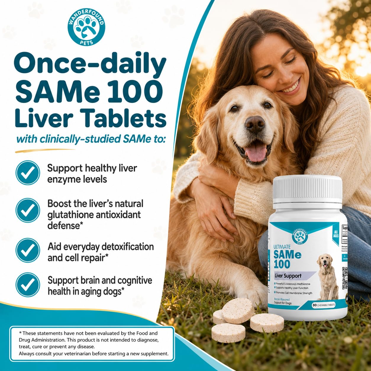 Wanderfound Pets Same 100 Liver Support for Dogs - Same S-Adenosyl-L-Methionine Hepatic Supplement for Liver & Brain Support - Bacon Flavored Sam E, Manufactured in the USA - 30 Chewable Tablets — Amazon image 2