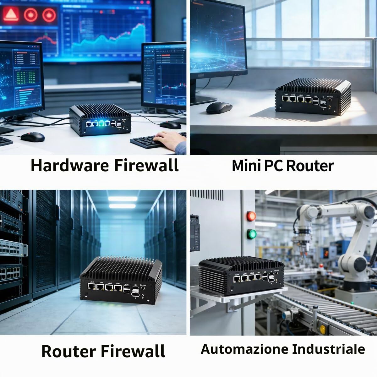 Mini PC Firewall senza ventola N150 (N100 Aggiornato), Industriale Micro Computer Hardware 4 porte LAN 2.5 Gbe i226V, 2 x RS232/485, AES-NI, 8GB DDR4 128GB SSD, Auto Power On, USB3.1