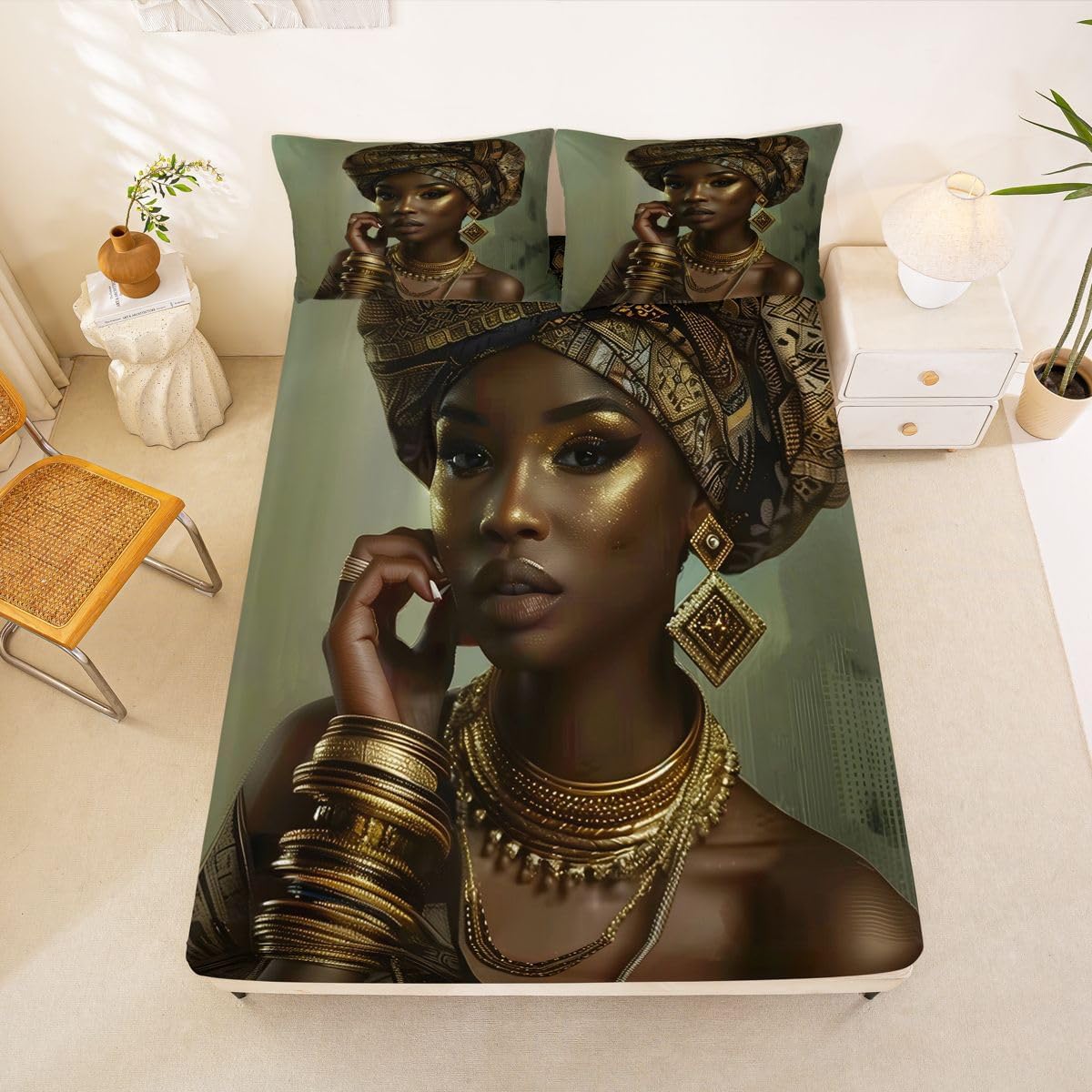 Manfei African Beauty Fitted Sheet Set Gold Accessories Portrait Bedding Set 2pcs Melanin Art Bed Sheet with 1 Pillowcases Kids Boys Girls Room Decor Soft Deep Pocket Bedding(No Flat) Twin Black Green image 4