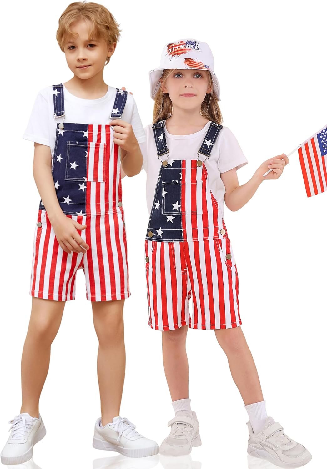 OeyFnbmO Kids 4th of July Outfit Boy American Flag Overall Girl Stretch Denim Jumpsuit USA Shorts with Zipper Fly