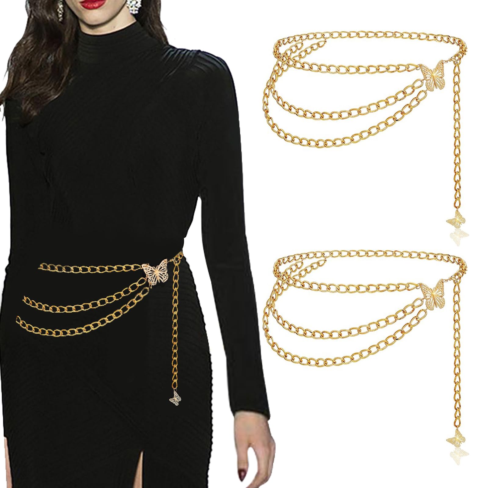 SNSYGN2 Pieces Gold Chain Belt, Adjustable Belly Chain Gold Belt Tassel Belts Body Chains for Women Girls Ladies Dress Pants Coat