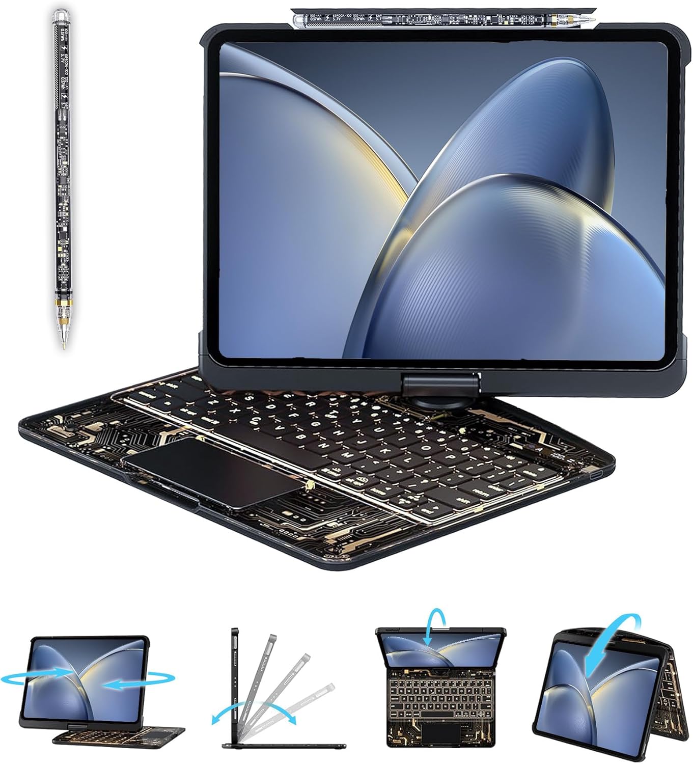 Transparent Case with Wireless Keyboard for 10.9in iPad 10th, 3-Brightness & 7-Color, 360°Rotating,trackpad, Pencil Holder, Power Indicator, Black