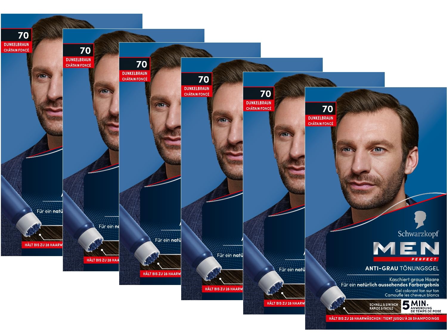 Men Perfect Anti-Grau Tönungs-Gel 70 Dunkelbraun (6x 80 ml), Haarfarbe für Männer blendet graue Haare aus, Anti-Grau Tönung für ein natürlich aussehendes Ergebnis