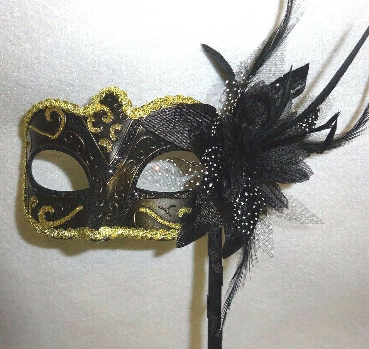 VENETIAN MASQUERADE PARTY EYE MASK ON A STICK BLACK BRONZE & GOLD WITH FLOWER, 8cm exc Stick - Image 3