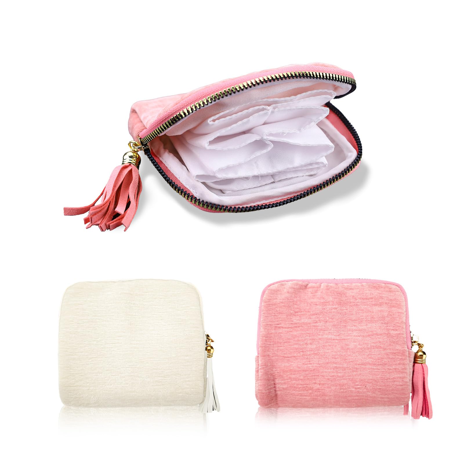 LELE LIFE Schmuck-Reiseetui, Samt, kleine Schmuck-Organizer-Tasche mit Quasten-Reißverschluss, 6 Fächer für Armband, Ring, Ohrringe, Damen, Geschenke, Rosa + Creme, 2 Stück