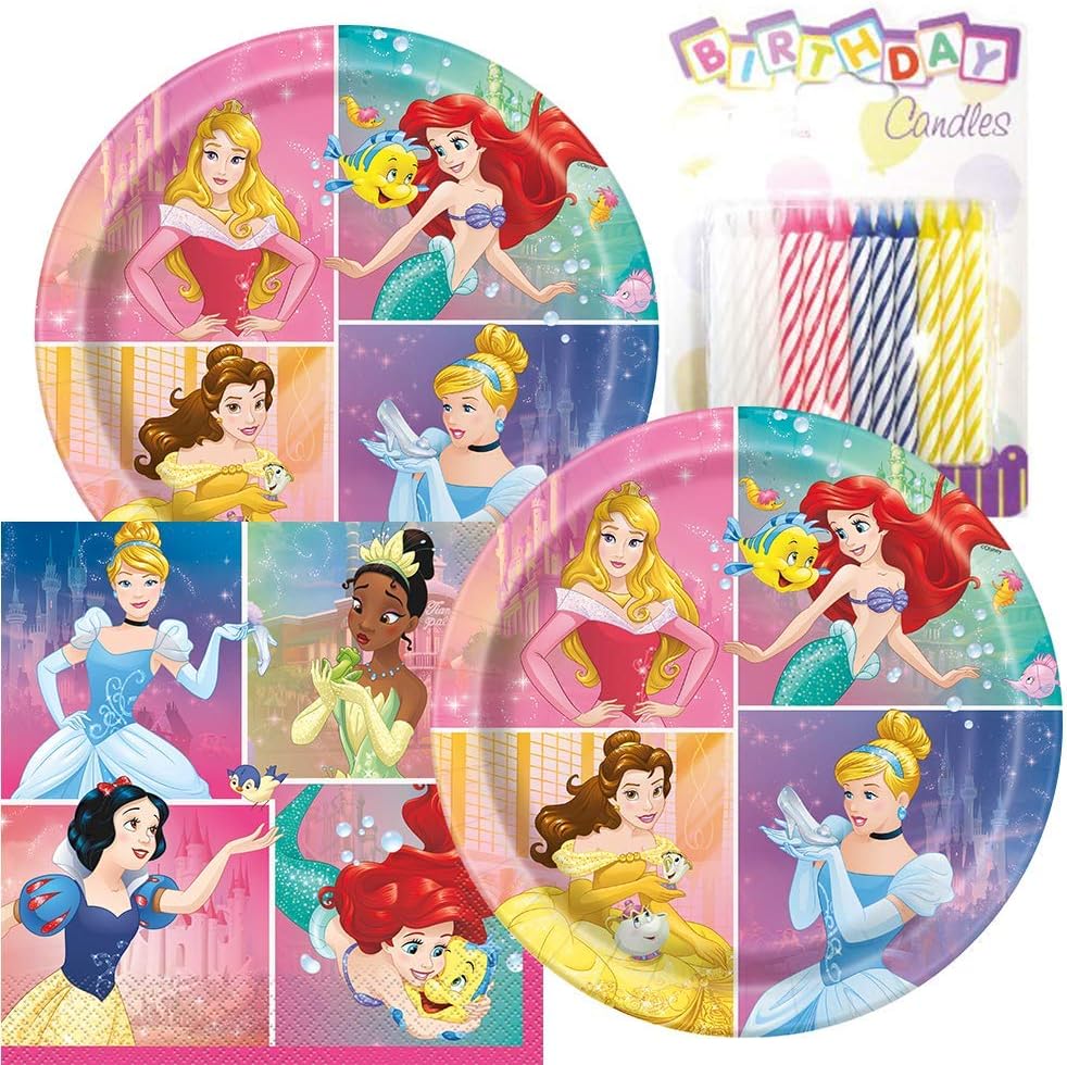 Princess Themed Party Pack - Includes Paper Plates & Luncheon Napkins Plus 24 Birthday Candles - Servers 16