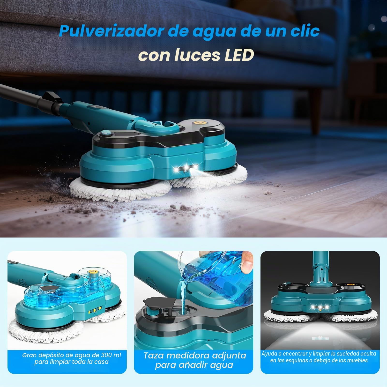 Mopa eléctrica inalámbrica con 2 baterías de 2000 mAh, fregona de limpieza de pisos de doble giro con pulverizador de agua/faros LED/pantalla inteligente/pulidora de suelo de mano de 400 RPM con