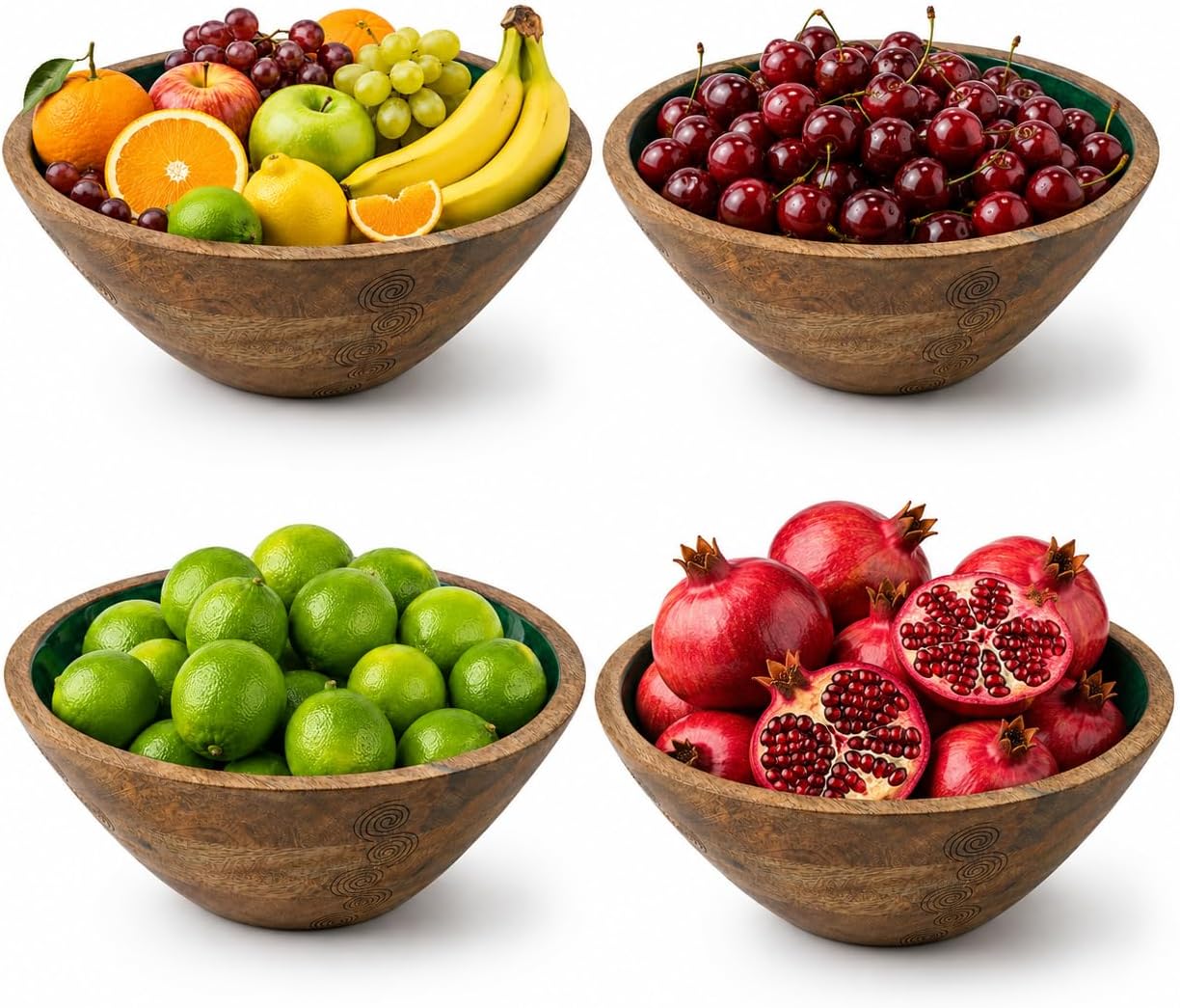 Mango Wood Decorative Bowl with Green Interior, Hand-Carved Wooden Centerpiece for Coffee Table, Entryway Table or Dining Room, Modern Fruit Bowl, Salad and Mixing Bowl
