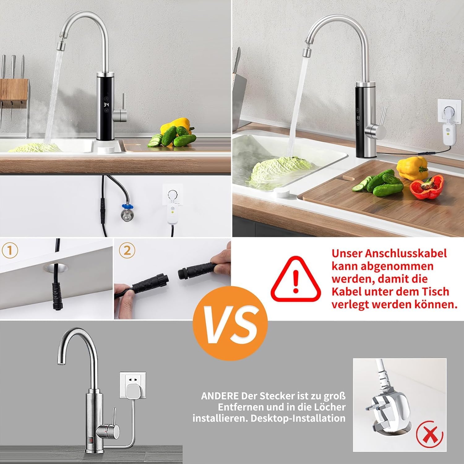 HOMELODY Elektrischer Wasserhahn mit Durchlauferhitzer 230V, Wasserhahn Küche mit Touch-Temperaturregler & LED-Display, Anti-Spritz Edelstahl Küchenarmatur, Durchlauferhitzer Küche, Garten & Camping