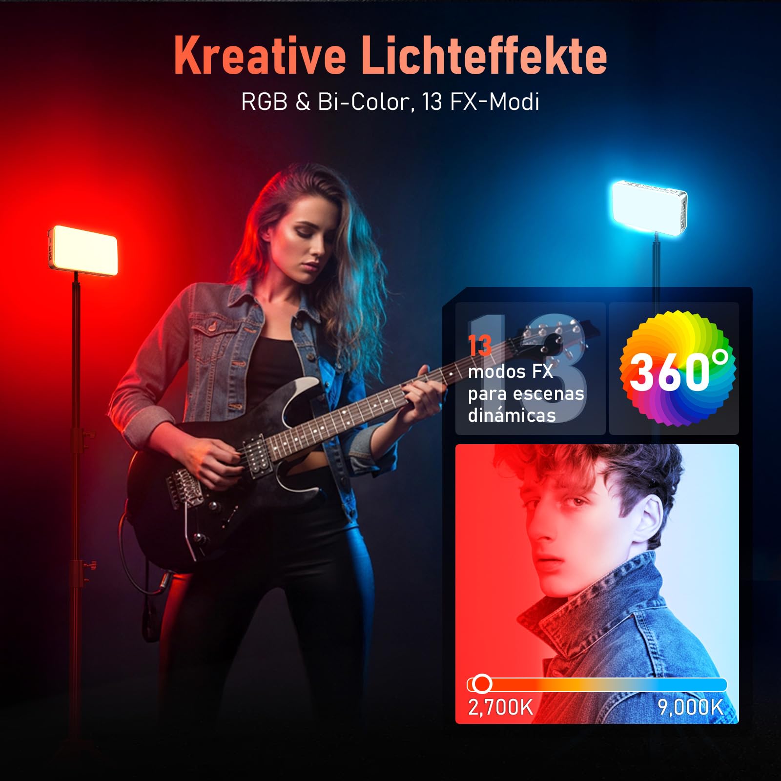 Rollei LUX Compact 40W RGB Led Videoleuchte mit Eingebautem Akku