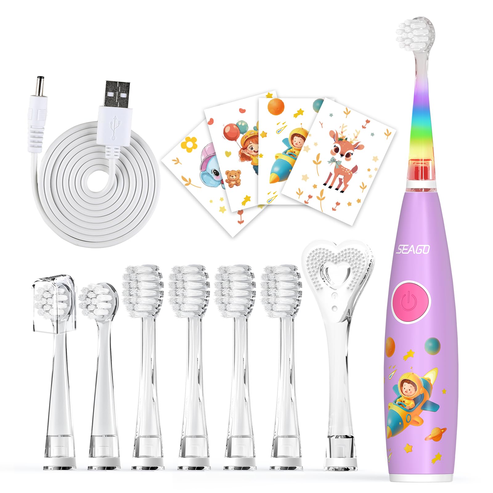 Seago Elektrische Zahnbürste Kinder ab 1 Jahr, Schallzahnbürste Kinder mit LED-Lichtern und DIY-Aufklebern, 8 Weiche BPA-freie Bürstenköpfe, Kinderzahnbürste für Baby 0 bis 3 Kleinkind, SG-2159(Rosa)