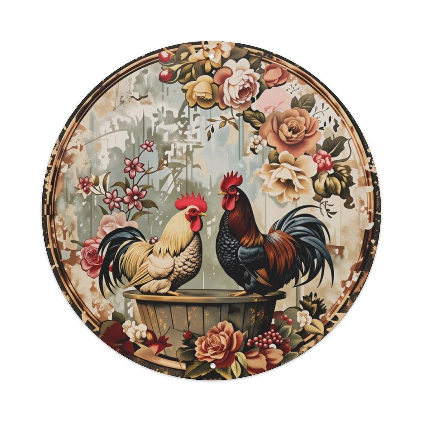 Ldfuieksufg Style Vintage Two Roosters Rose Floral Round Decor Sign Vintage Aluminium Metal Sign, Retro Wall Decor For Home, Bar, Garage & Farmhouse 20X20cm