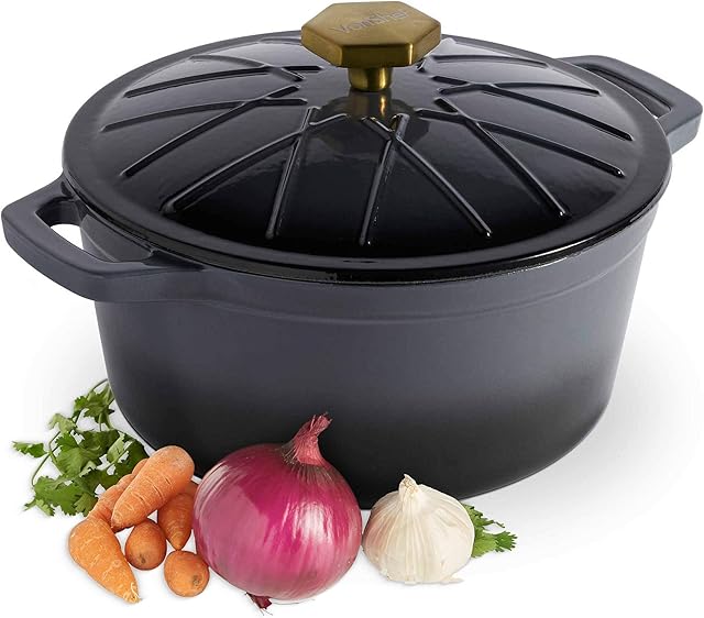 VonShef 3.8L Cast Iron Casserole Dish - Grey Ombre - Cooking Pot for Oven and Hob