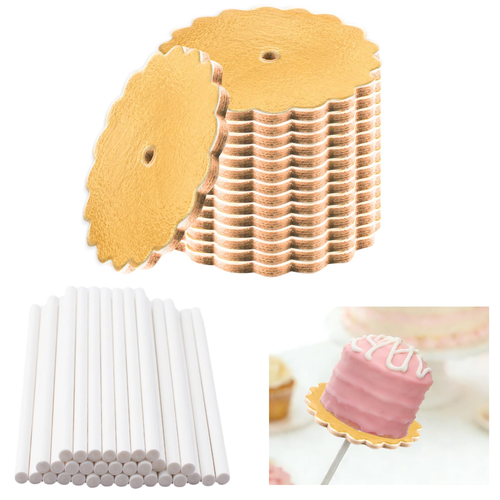URROMA 50 Set Gold Cake Pop Boards with Cake Pops, 2 Inch Scalloped Mini Cupcake Base Cardboard for Parties Wedding