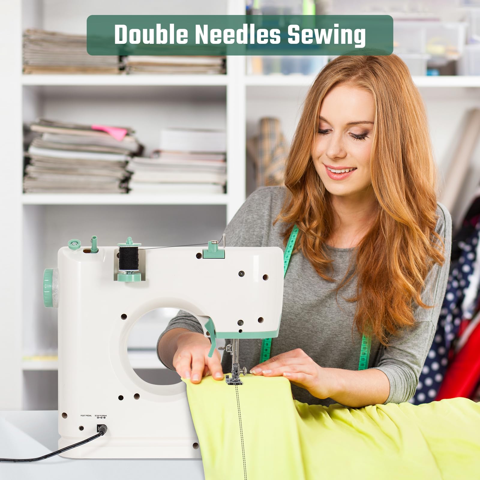 Todeco Macchina per Cucire Automatica con 16 Operazioni di Cucito, Ago doppio e filo doppio, Macchina Cucire Portatile, per Principianti e Bambini, Pedale e Kit da Cucito (Verde)