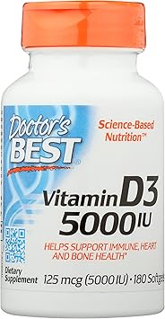 Doctors Best Vitamin D3 5000IU, Non-GMO, 180 Softgel Pack of 1