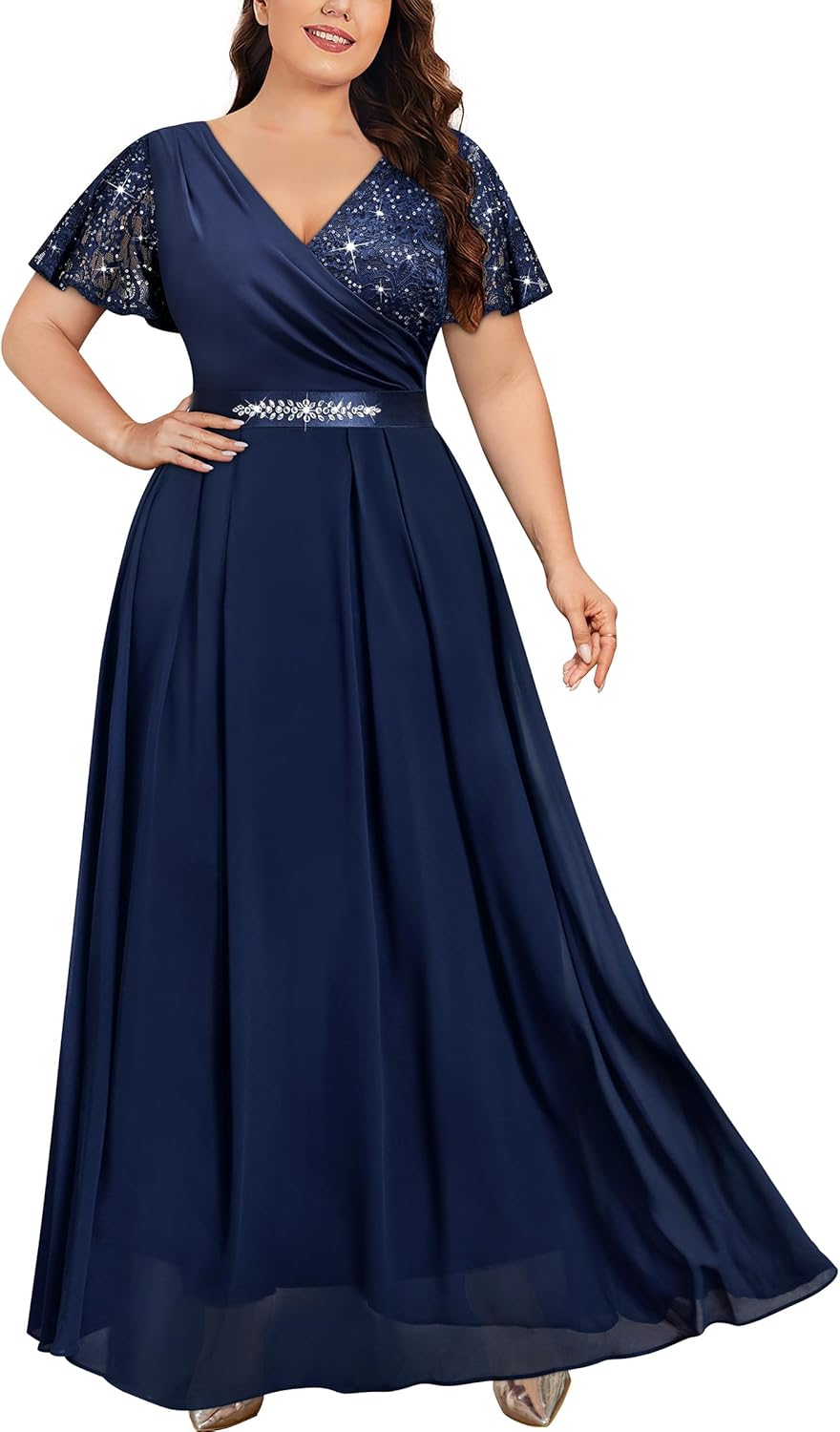 MISSMAY Women's Plus Size Wrap V Neck Sequins Lace Contrast Chiffon Formal Maxi Dress with Rhinestone Ribbon Waist