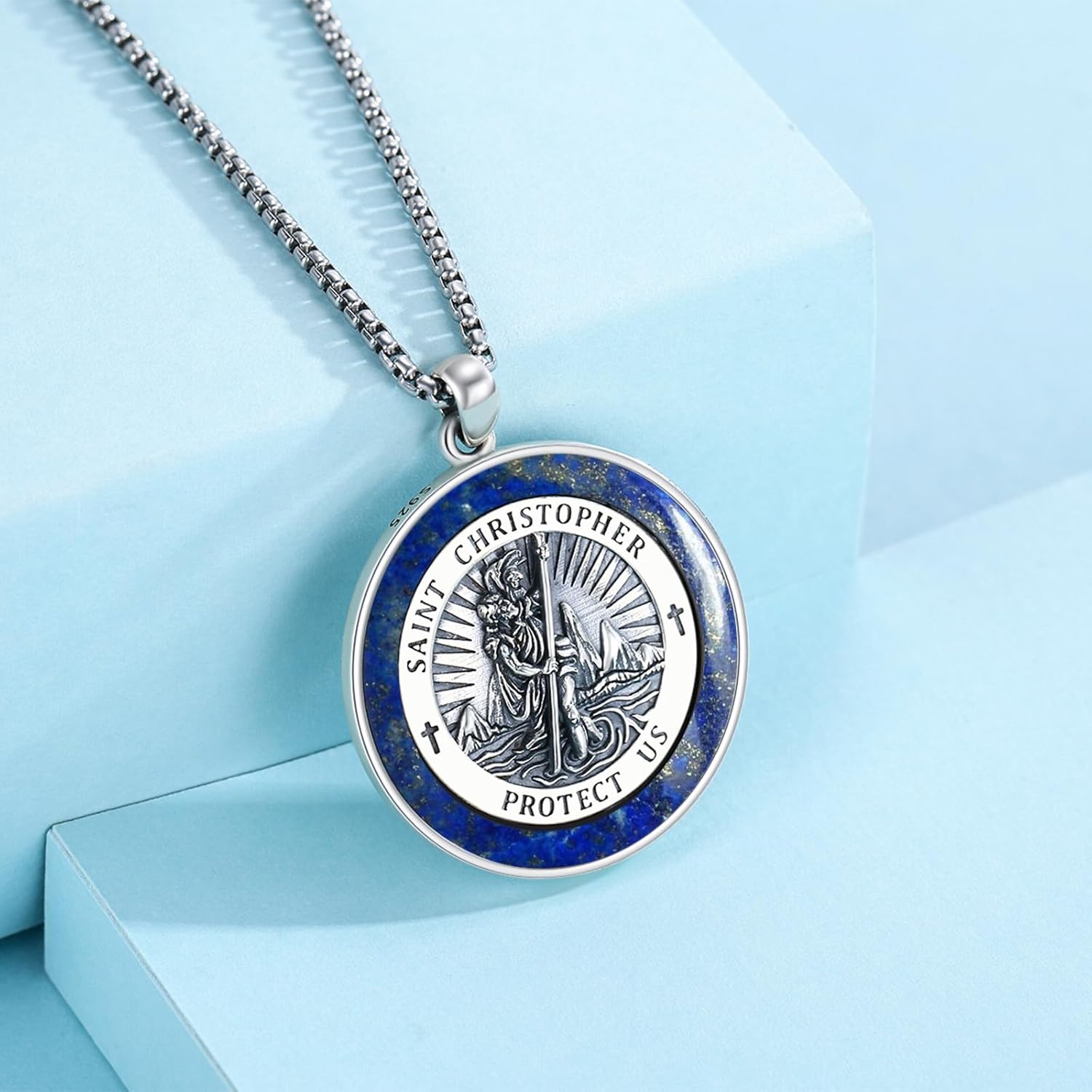 925 Sterling Silver Patron Saint Medals Amulet Protection Pandent Necklace Cross Faith Jewelry for Men(2.5mm 22"+2" Rolo Chain) - Image 6