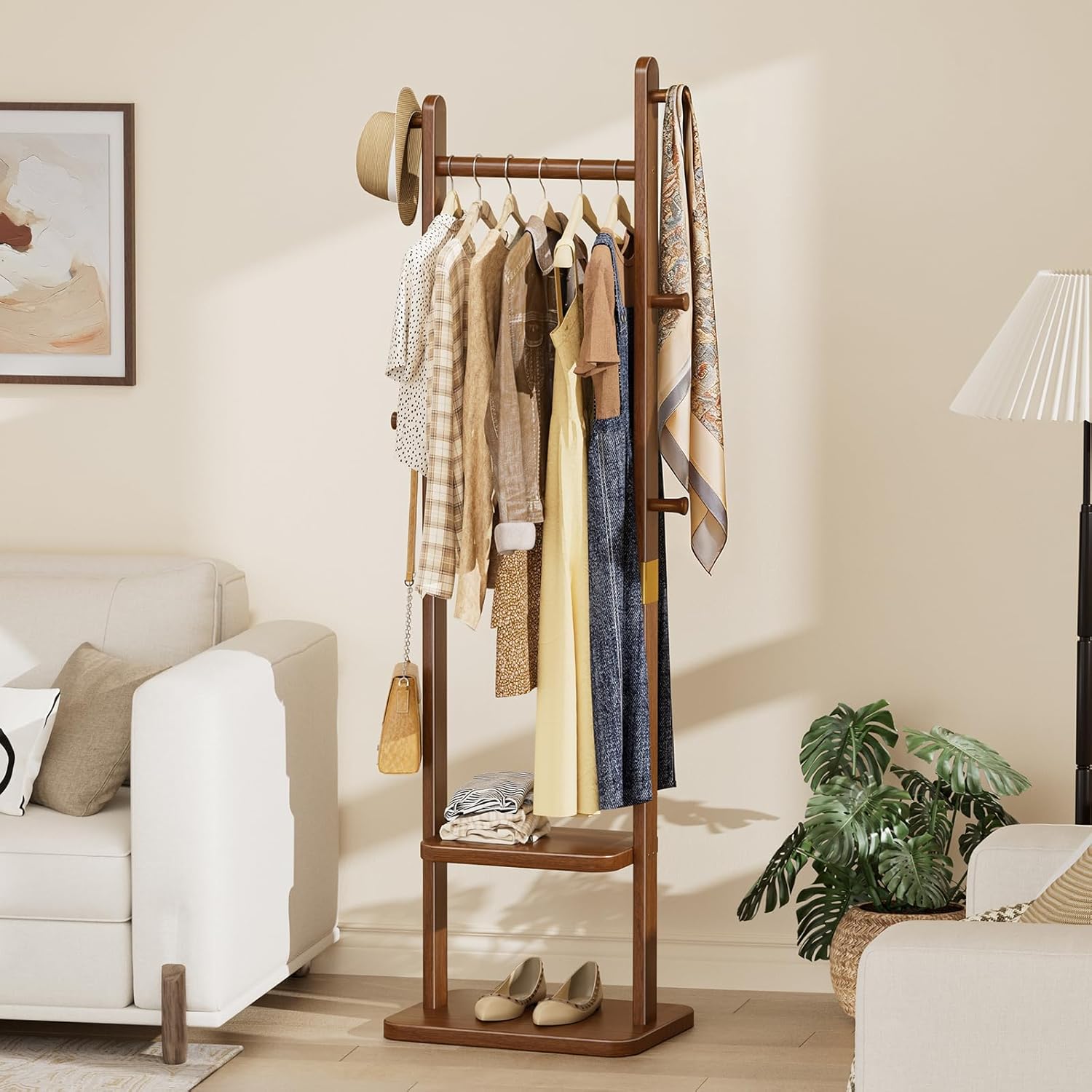 Solid Wood Coat Rack, Freestanding Clothing Rack with 2 Shelves Storage & 5 Hooks, Heavy Duty Clothes Rack Stand for Hall, Bedroom, Living Room