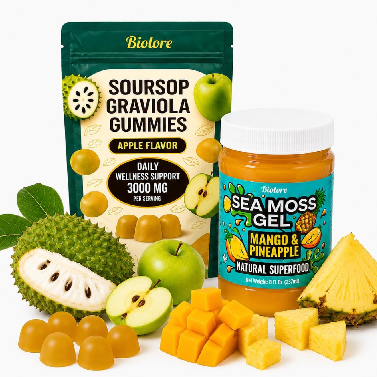 Biolore Sea Moss Gel + Soursop Gummies – Flavored Superfood with Natural Electrolytes – Mango-Pineapple & Apple – Wildcrafted Mango Jam Sea Moss – Minerals, Vegan, Made in USA – 8oz + 60 Gummies