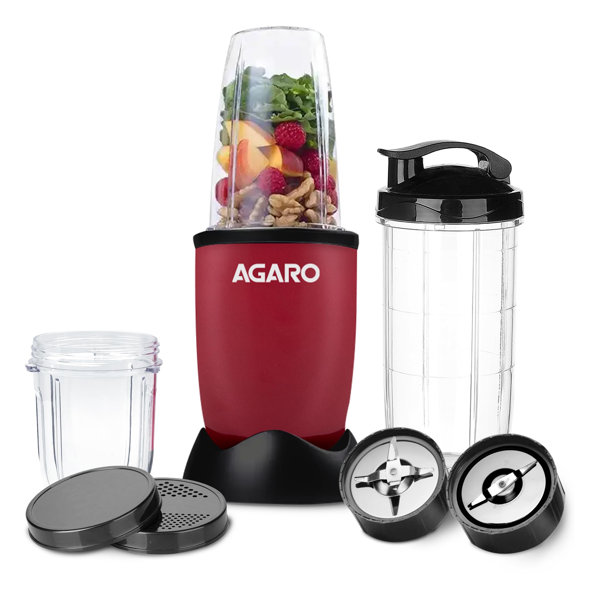 AGARO Regal 3 Jar Personal Blender, 400 Watts, Mixer/Grinder/Smoothie/Juice Maker, Serrated & Cross Ss Blade, Copper Motor, Juices, Nut Butter, Milkshakes, Idli/Dosa, Indian Spice Masala & Chutney