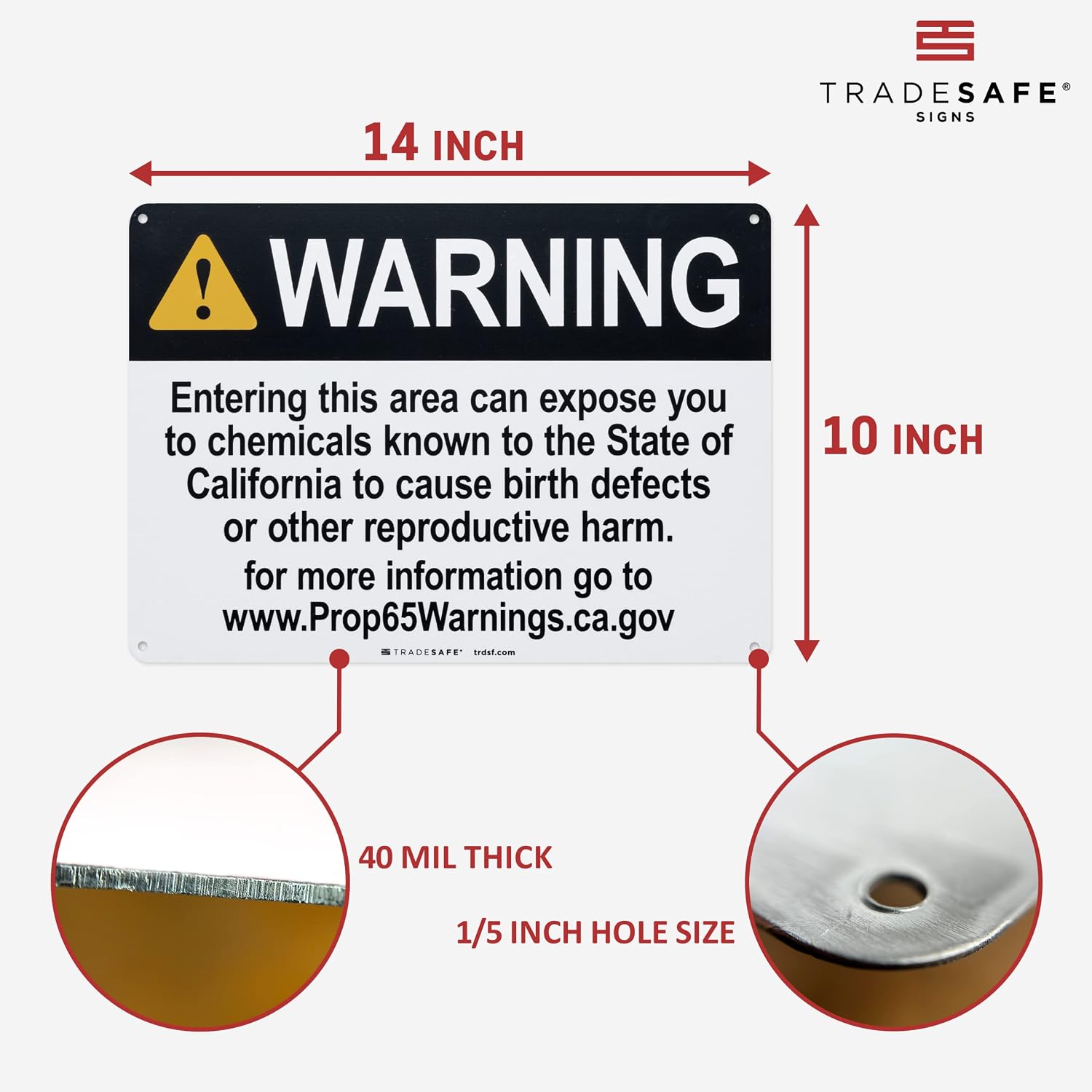TRADESAFE Prop 65 Reproductive Harm Warning Signs, Quick Install Aluminum Safety Sign, Light Reflective, UV-Resistant, Waterproof Signs for Business, 14” X 10” Prop 65 Warning Sign