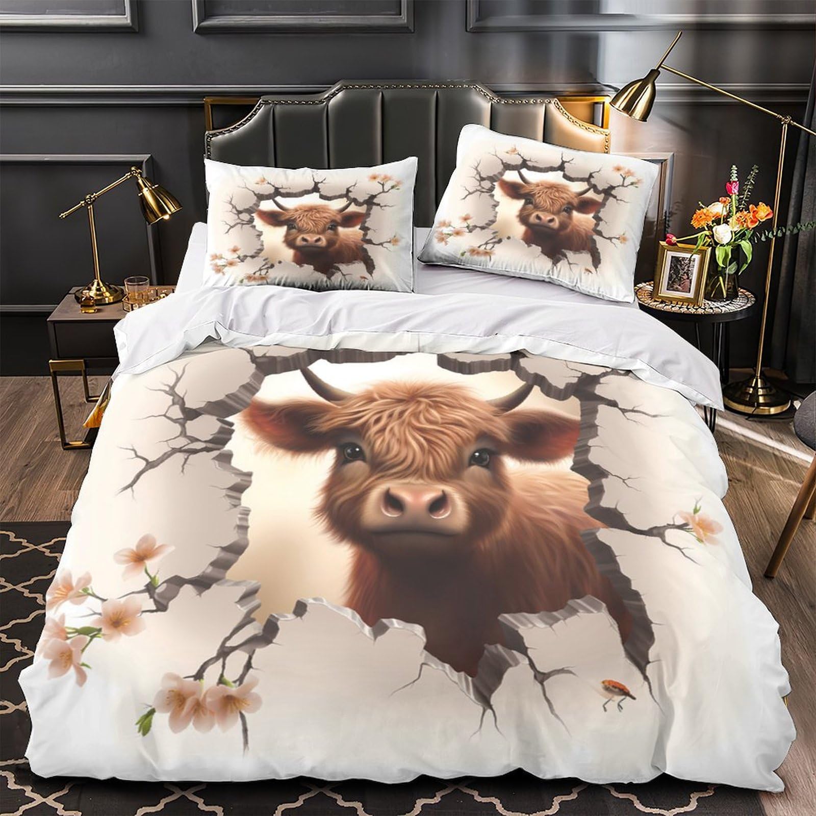 Housse de couette vache mignonne 3D microfibre parure de lit enfant single 135x200cm
