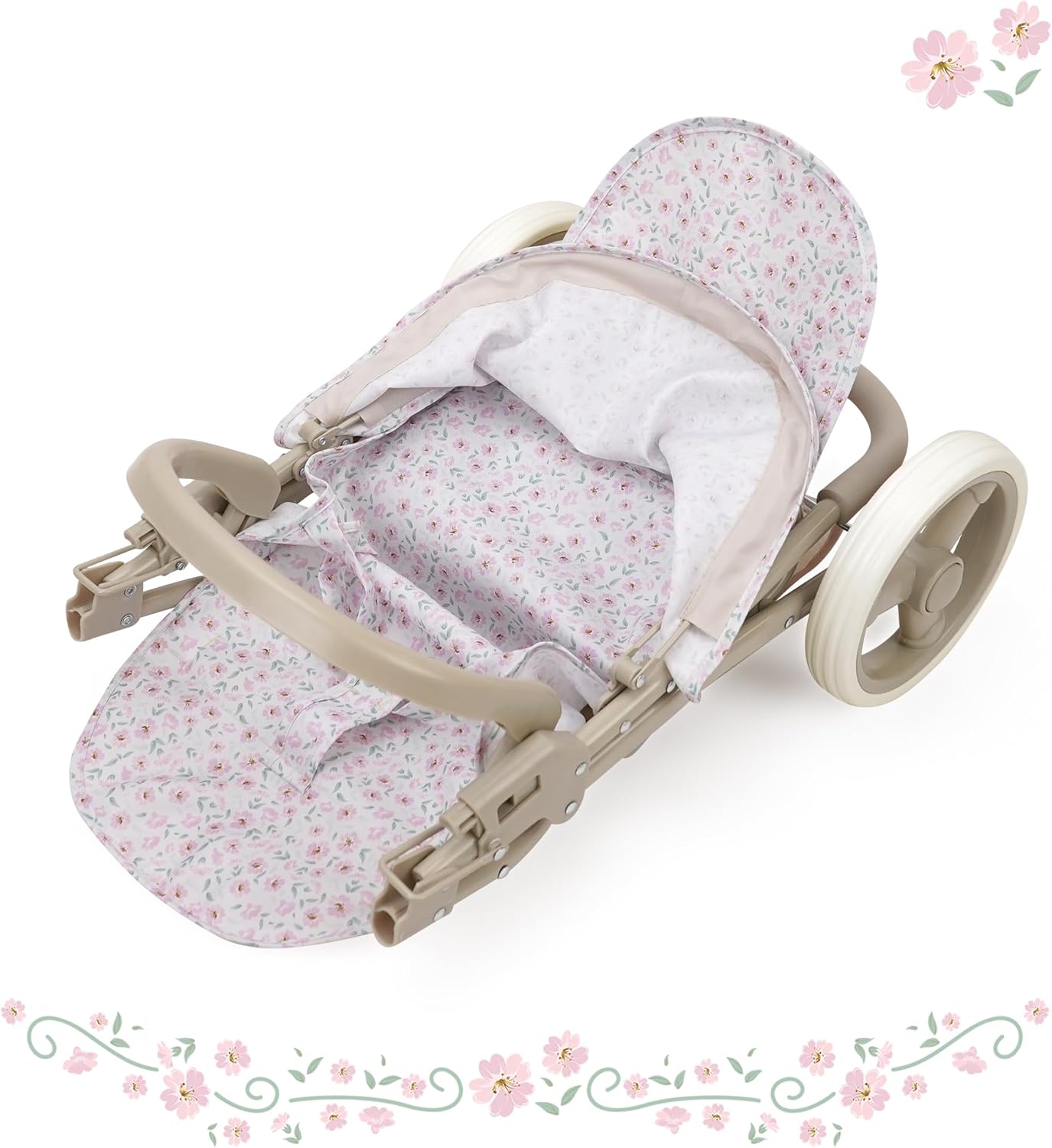 509 Crew: Little Flora - Mabelle Duo Twin Doll Stroller - Flower-Tan-Pink, Storage Basket, Retractable Canopy, Folding, Pretend Play Toy, Kids 3+