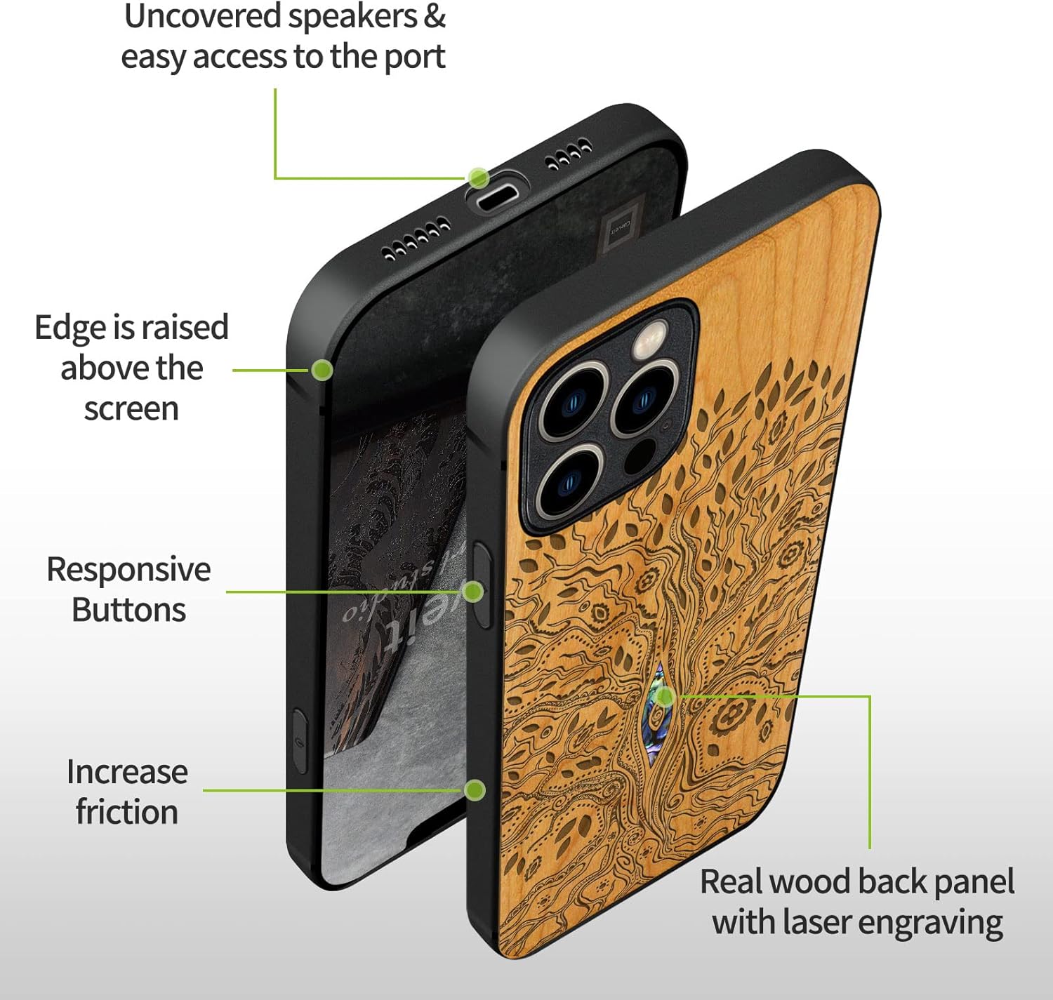Carveit Designer Wooden Protective Case for iPhone 12 Pro Magnetic Cover [Wood Engraving & Shell Inlay] Wood Phone Case Compatible with 12 Pro MagSafe 6.1 Inch (Tree-Cherry)