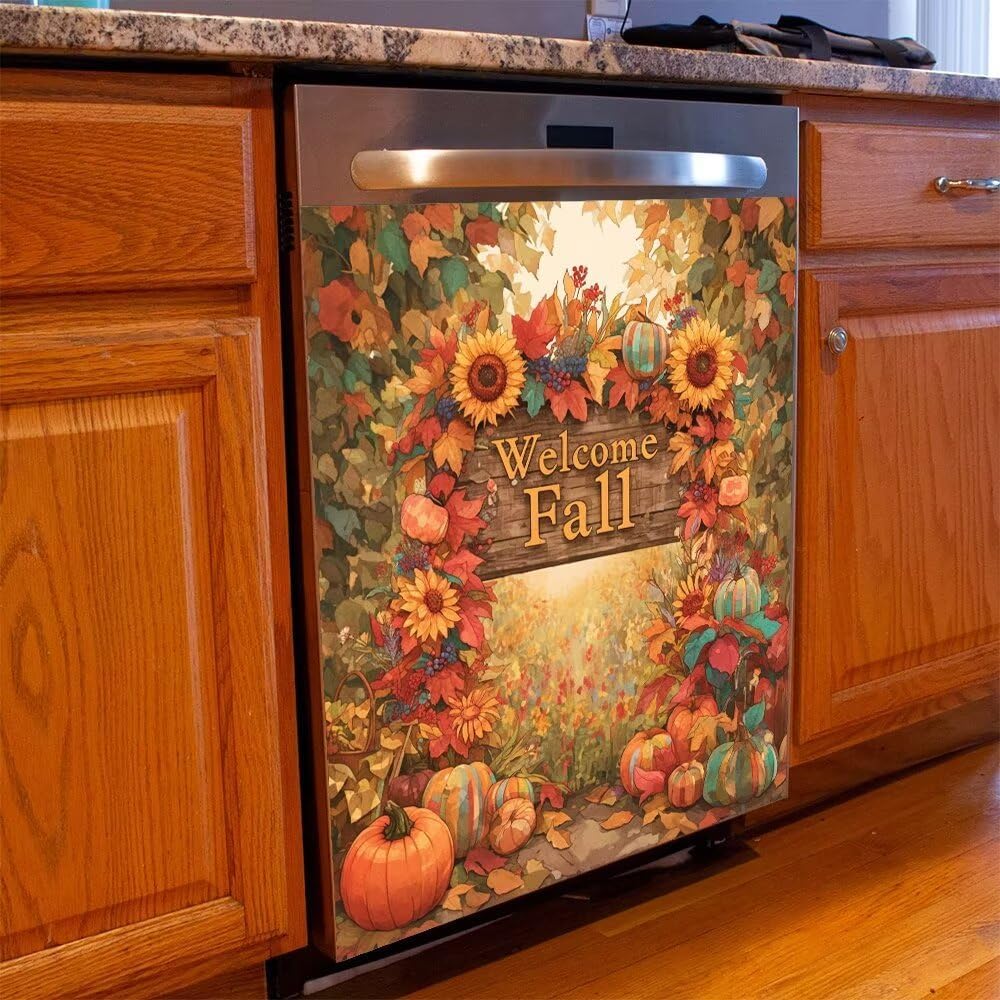 Welcome Fall Pumpkin Pattern Dishwasher Kitchen Decoration Sticker,Magnetic Refrigerator Cover Magnet Vinyl Sticker 23W x 17H inchs