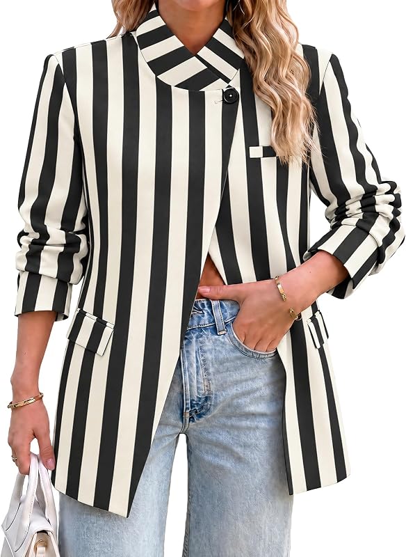 Tankaneo Womens Polka Dot Blazer Business Casual Beige Black in Beige Black