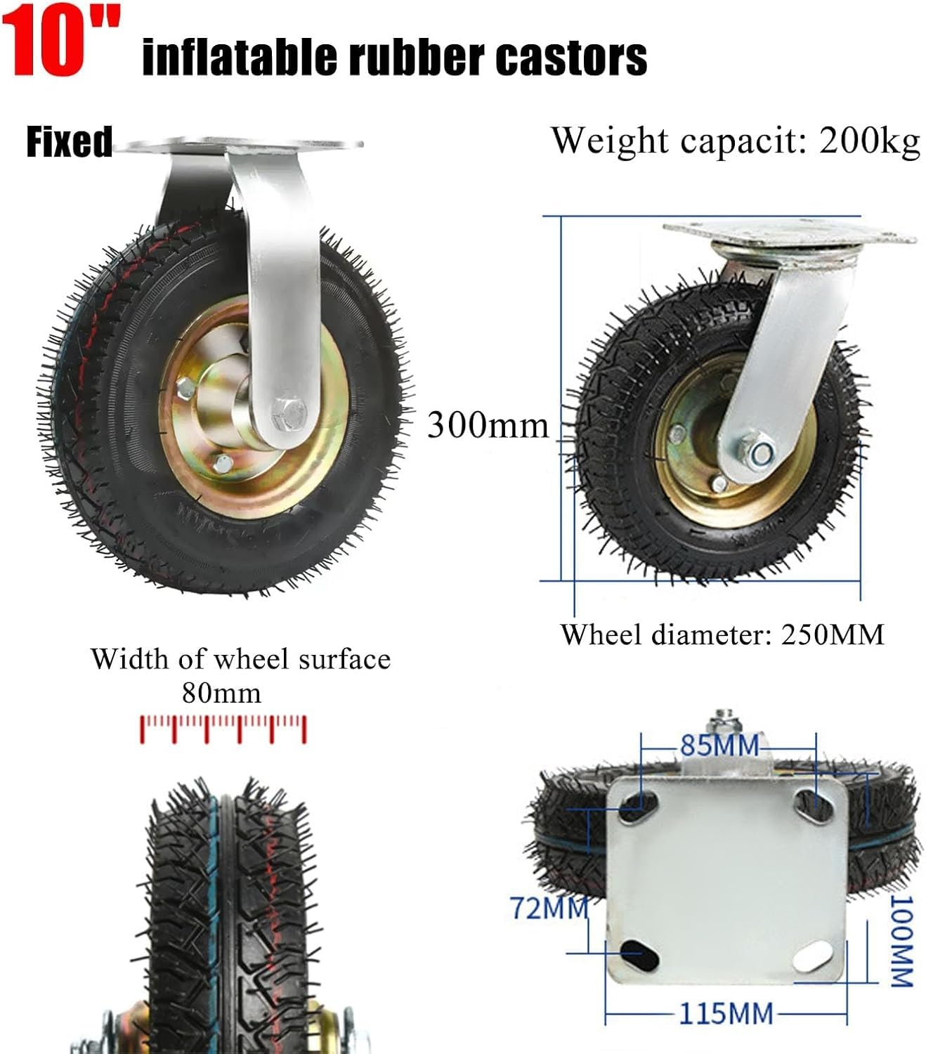 High-Performance Guma koła skrętne z Pneumatyczny Air Koła - 6"/8"/10" Do dużych obciążeń kółka meblowe, 900 lbs nośność(Stały,250mm/10in)