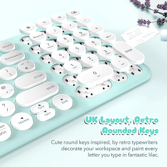Wireless Keyboard and Mouse Set, XTREMTEC Compact Size Cute Retro Round Silent Keycap - 2.4GHz Ultra Slim Quiet Aesthetic Keyboard, UK Layout Compatible with Mac OS & Windows PC Laptop (Macaron Green)