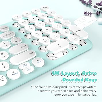 Wireless Keyboard and Mouse Set, XTREMTEC Compact Size Cute Retro Round Silent Keycap - 2.4GHz Ultra Slim Quiet Aesthetic Keyboard, UK Layout Compatible with Mac OS & Windows PC Laptop (Macaron Green)