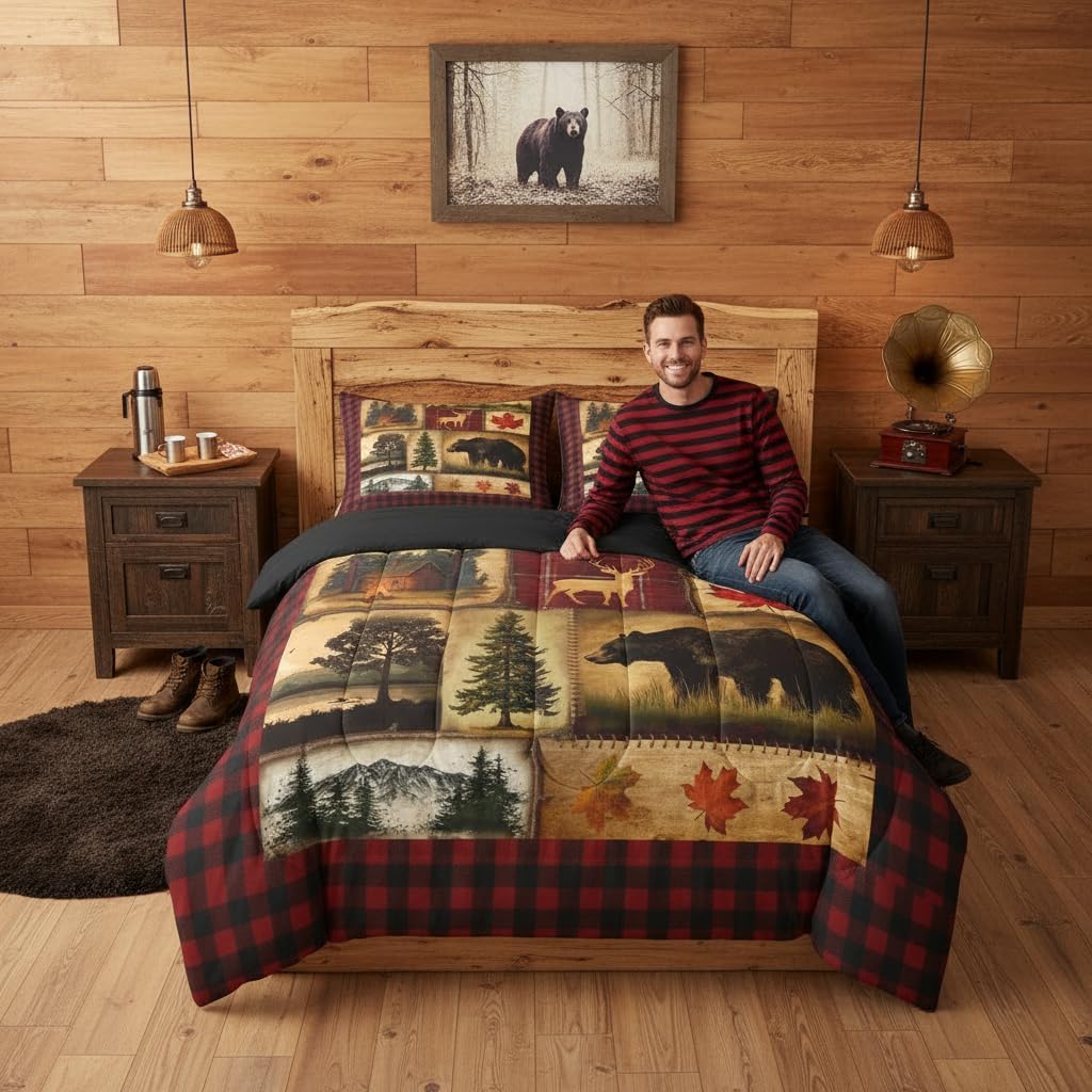 Erosebridal Bear Cabin Plaid 7 Piece Comforter Set Queen,Rustic Farmhouse Bed in a Bag,Retro Hunting Deer Bedding,Country Woodland Pine Tree Quilt Set,Maple Leaf Lodge Fitted Sheet,Red Black Brown