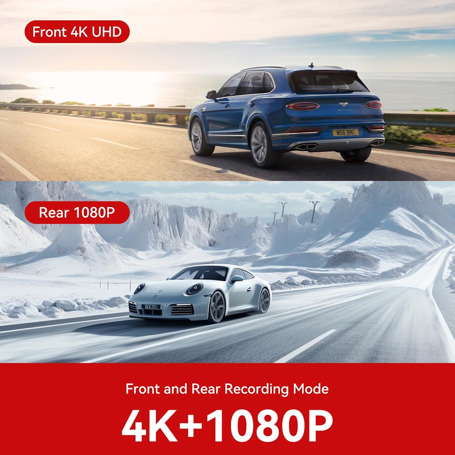 Front 4K UHD and Rear 1080P recording capabilities of the dash cam