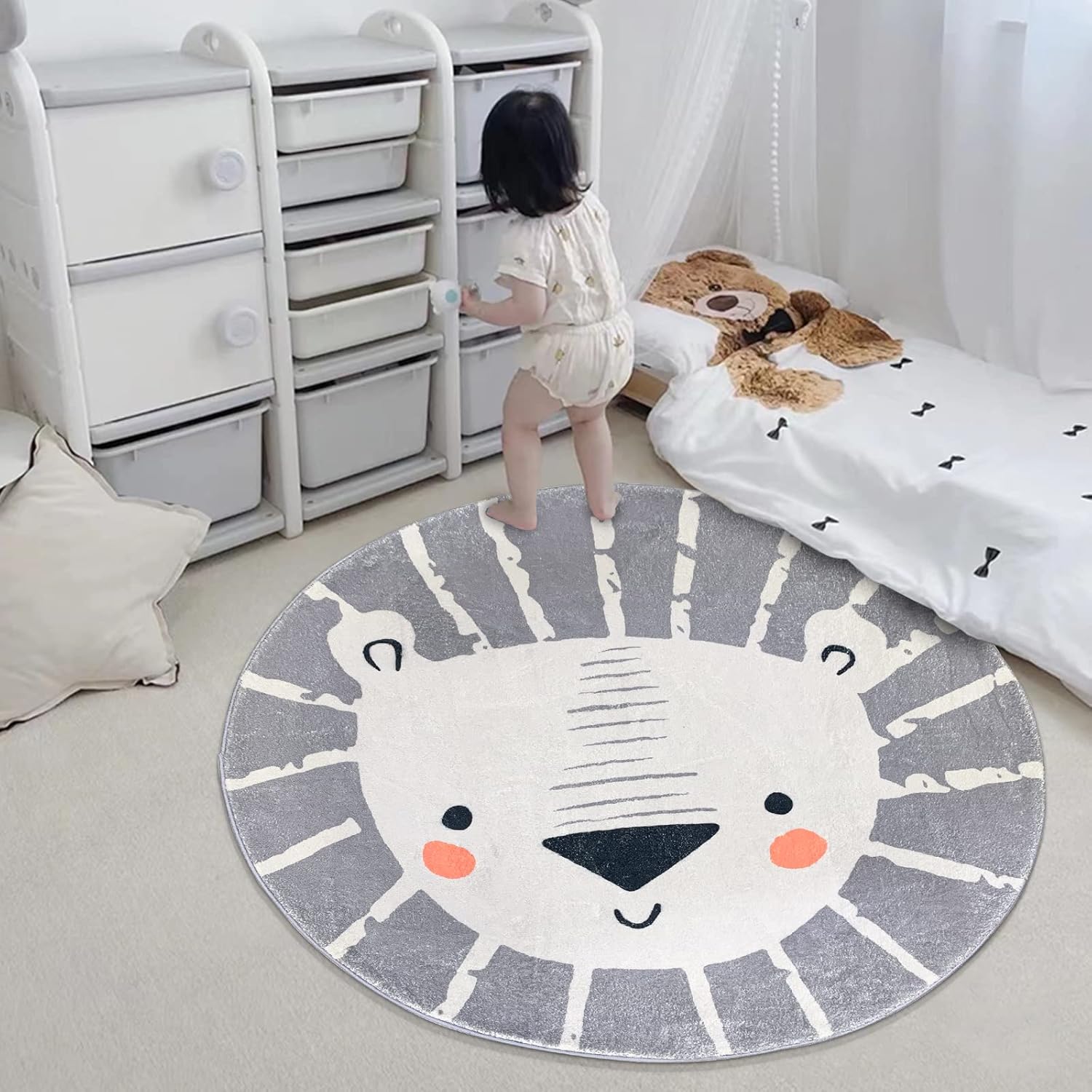 ABREEZE Kids Play Rug 4ft,Lion Round Area Rug Kids Nursery Door Mat Soft Plush Non-Slip Childrens Carpet for Bedroom Living Room Playroom,Grey