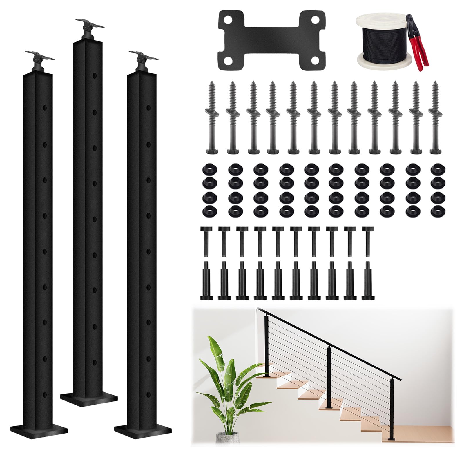 Senmit 36" Stainless Steel Cable Railing Post Kit for 25°-30° Stair,Including 3 Black Railing Stair Posts,150ft Steel Cable, 10 Sets Terminal, 40