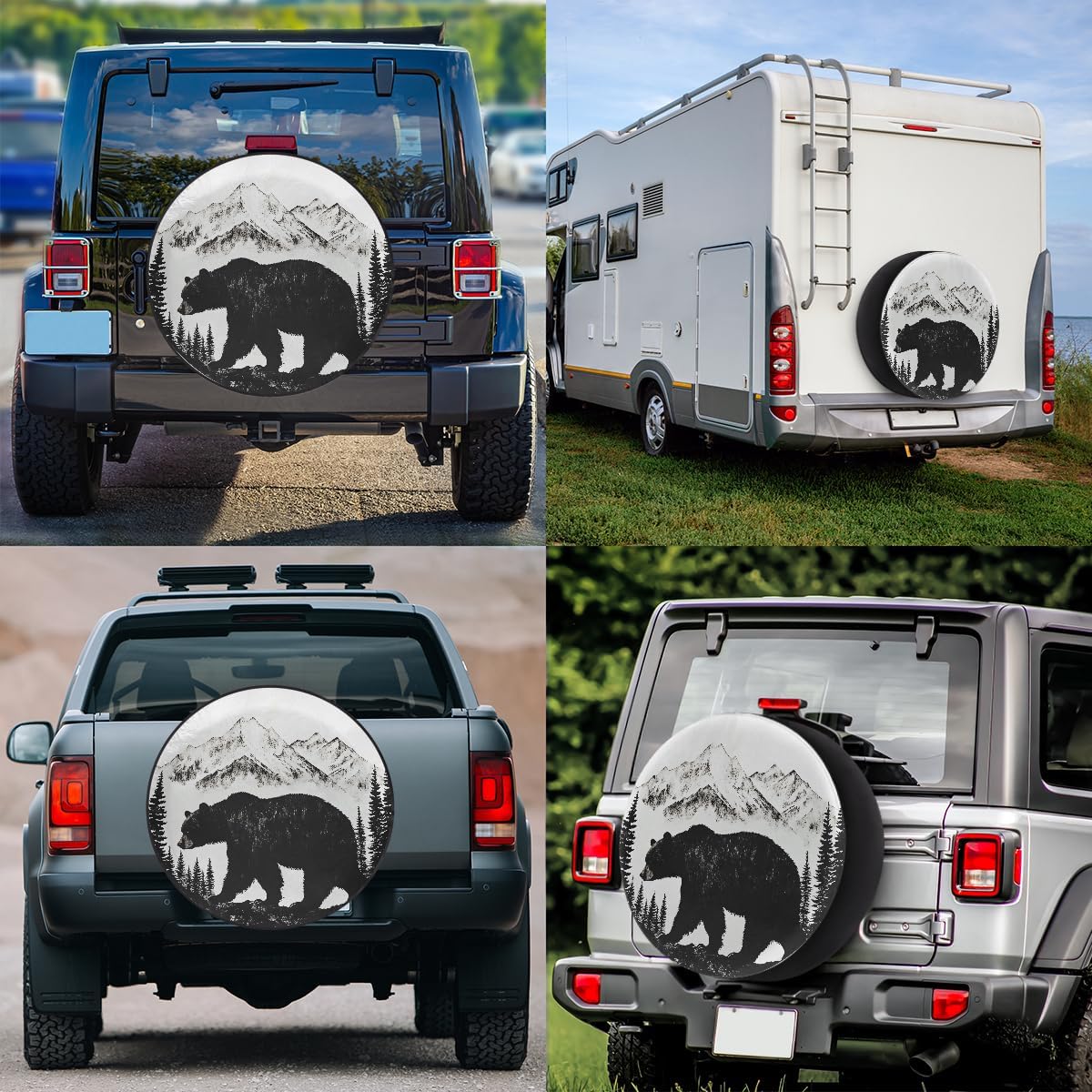 Bear Black Spare Tire Cover Dust-Proof Wheel Protector for Cars,15" | Bear Black Mountain Waterproof Wheel Covers Universal Wheel Tire Protectors for Cars Travel Trailer RV Truck SUV Camper