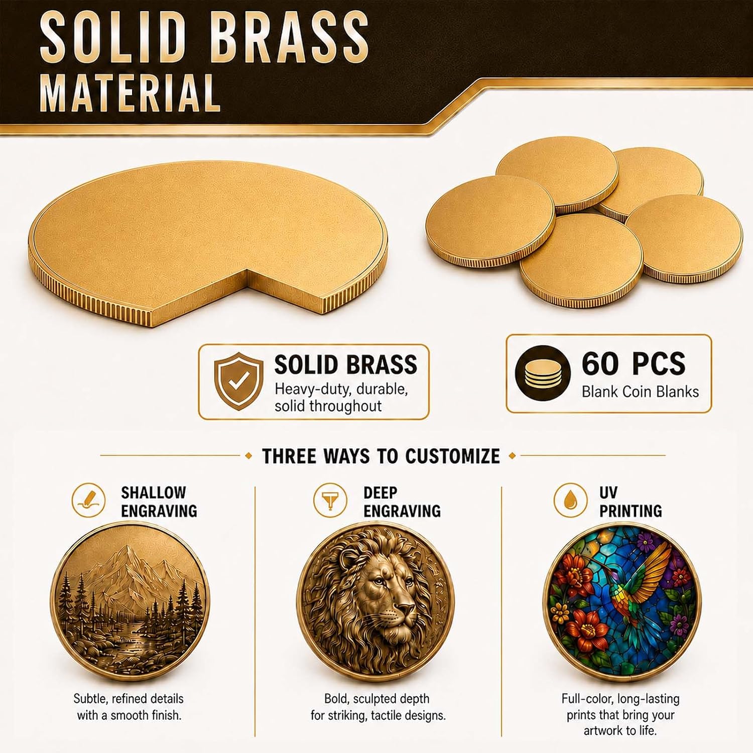 Disabeki 60PCS Brass Coin Blanks 40mm Diameter, 2mm Thick, Laser Engravable
