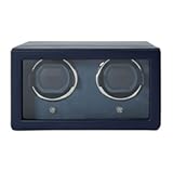 Wolf Cub Double Watch Winder with Glass Cover&comma; Navy - Secure Fit with Patented Lock-in Dynamic Cuff - Accommodates All Wrist Sizes - Vegan Leather - Includes Universal Adapter