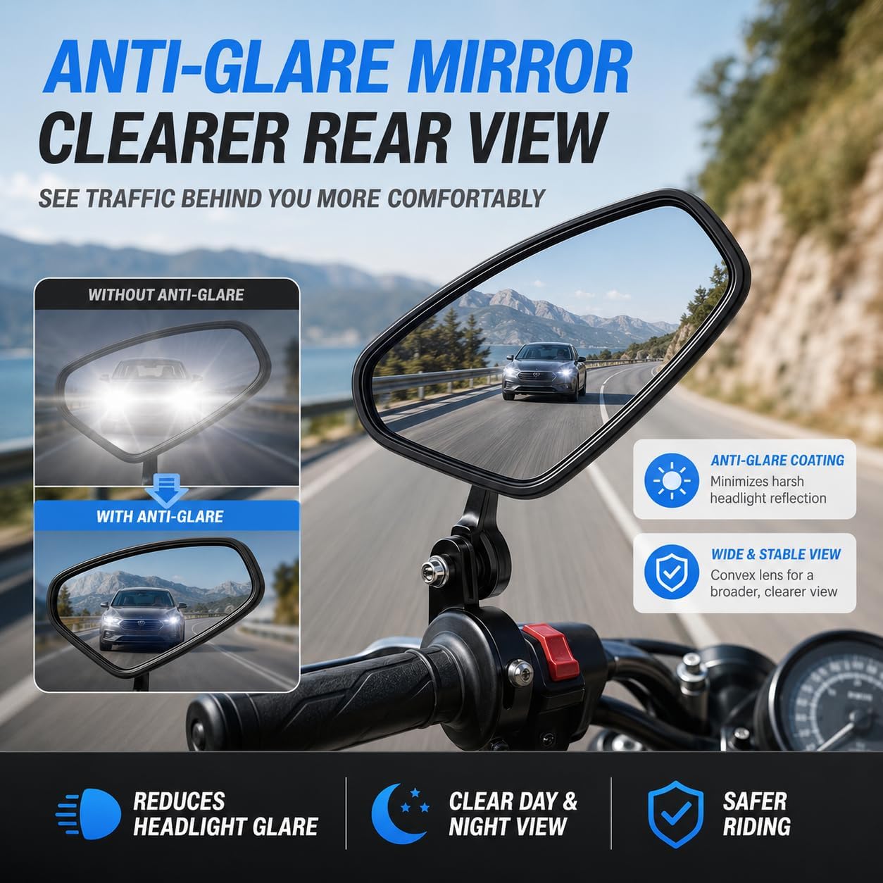 7/8" Motorcycle Mirrors，Adjustable Handlebar Bar End Rear View Mirrors Compatible with Honda Grom,Yamaha，Ducati, Suzuki, Kawasaki and More(BLACK)