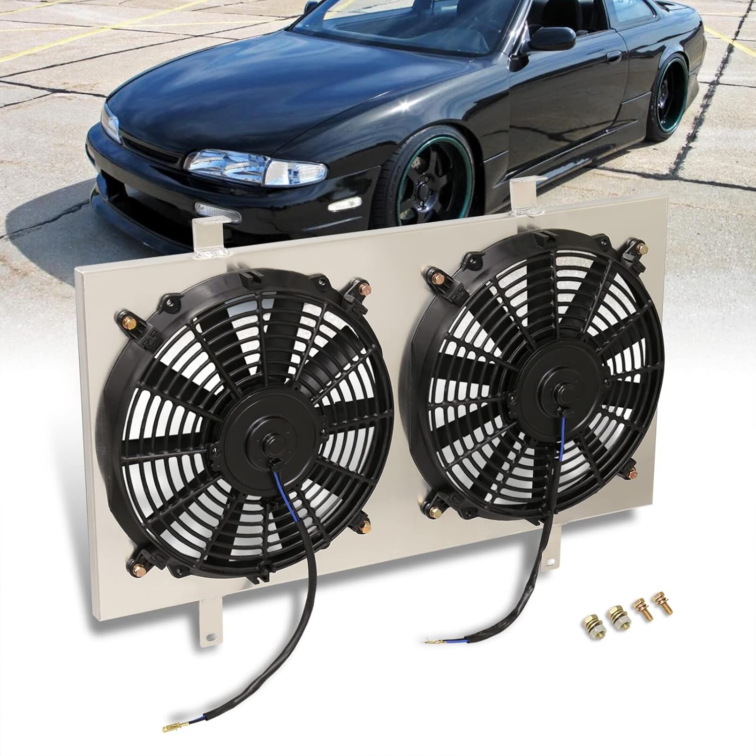 AJP Distributors Aluminum Radiator Fan Shroud Kit + 12" Dual Engine Motor Cooling Fans Compatible/Replacement For 240SX S14 JDM KA24 KA24DE Manual Transmission M/T 1995 1996 1997 1998 95 96 97 98