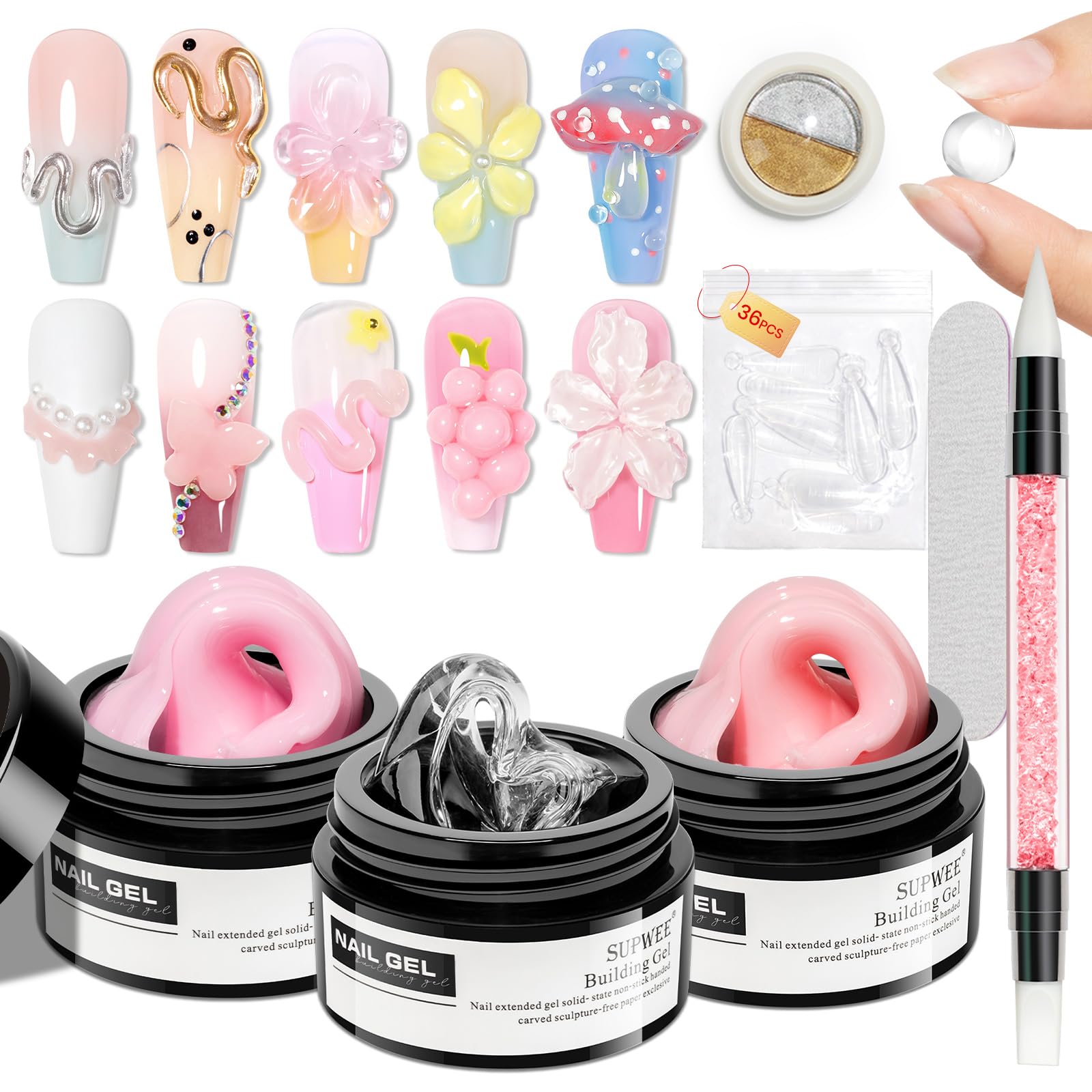 SUPWEE Sculpting Gel for 3D Nail Art Gel Non Stick Hand Nail Molding Gels for Extension Carving Sculpting Beauty Nails Charms for Beginner and Salon DIY 3 Colors 14g