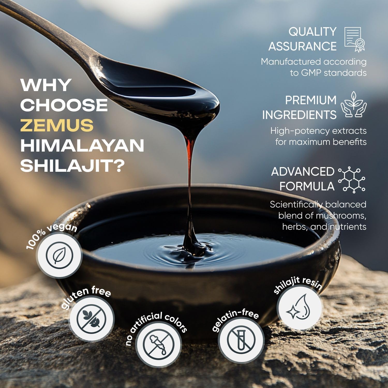 Himalayan Pure Shilajit Gummies I Lab Tested I Synergistic Blend of Ashwagandha & 5 Mushroom Complex | Fulvic Acid & 85+, Trace Minerals | for Men & Women (90 Count / 9.52 oz, Gold) - Image 5