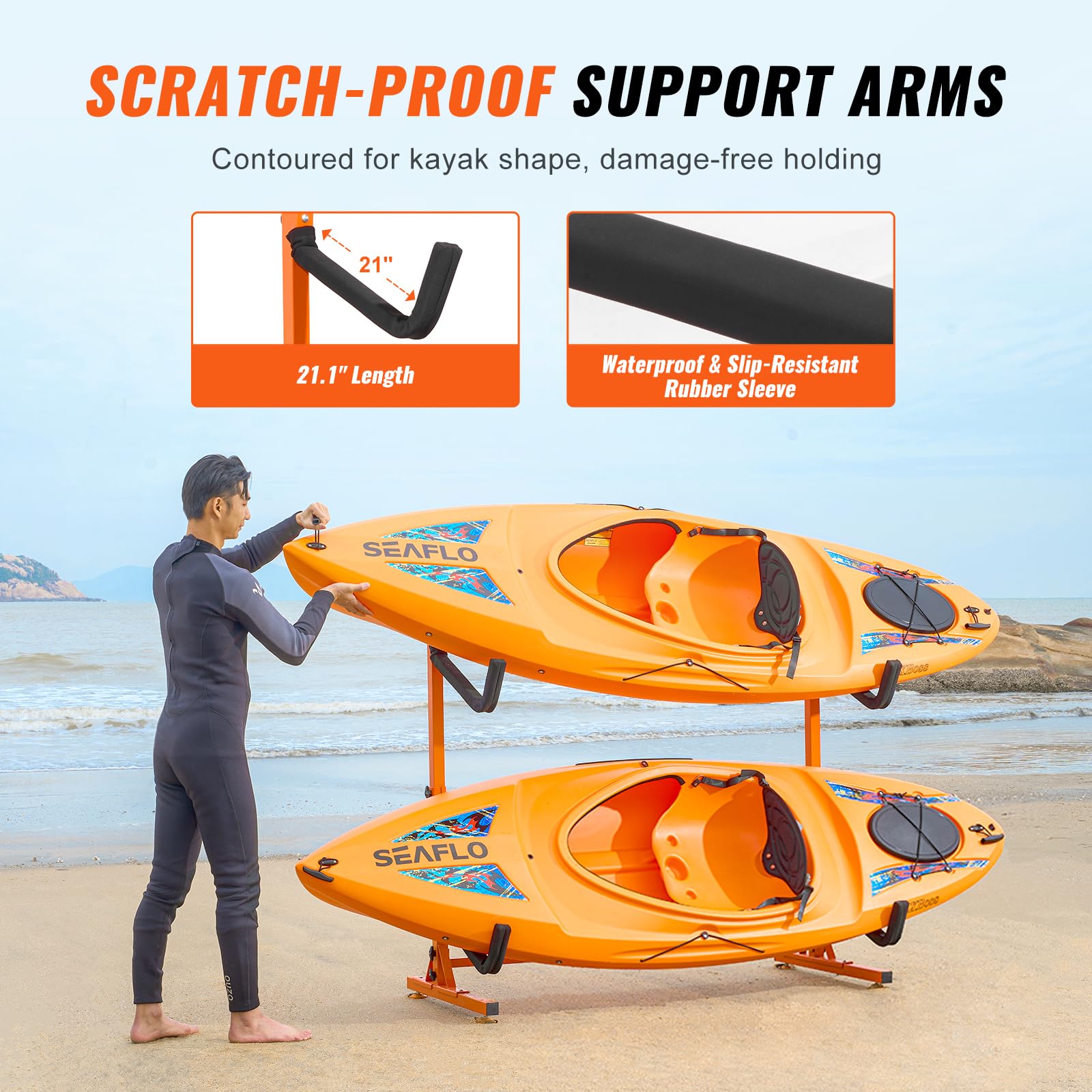 VEVOR Portaoggetti per Kayak Autoportante, Supporto per Gancio per Kayak in Acciaio Resistente con Bracci Imbottiti e Larghezza Regolabile, Carico Massimo 175LBS, per Garage Interno ed Esterno