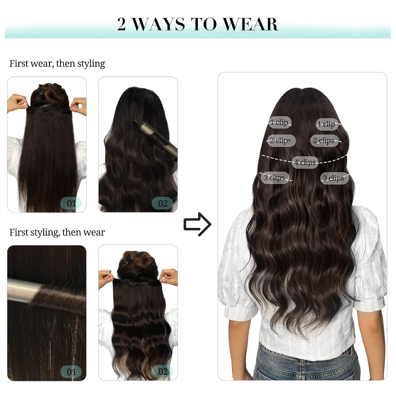DOORES Clip in Human Hair Extensions - Ombre Medium Brown Highlighted Golden Blonde, 120g 7pcs 20 Inch Remy Straight Thick Natural Hair