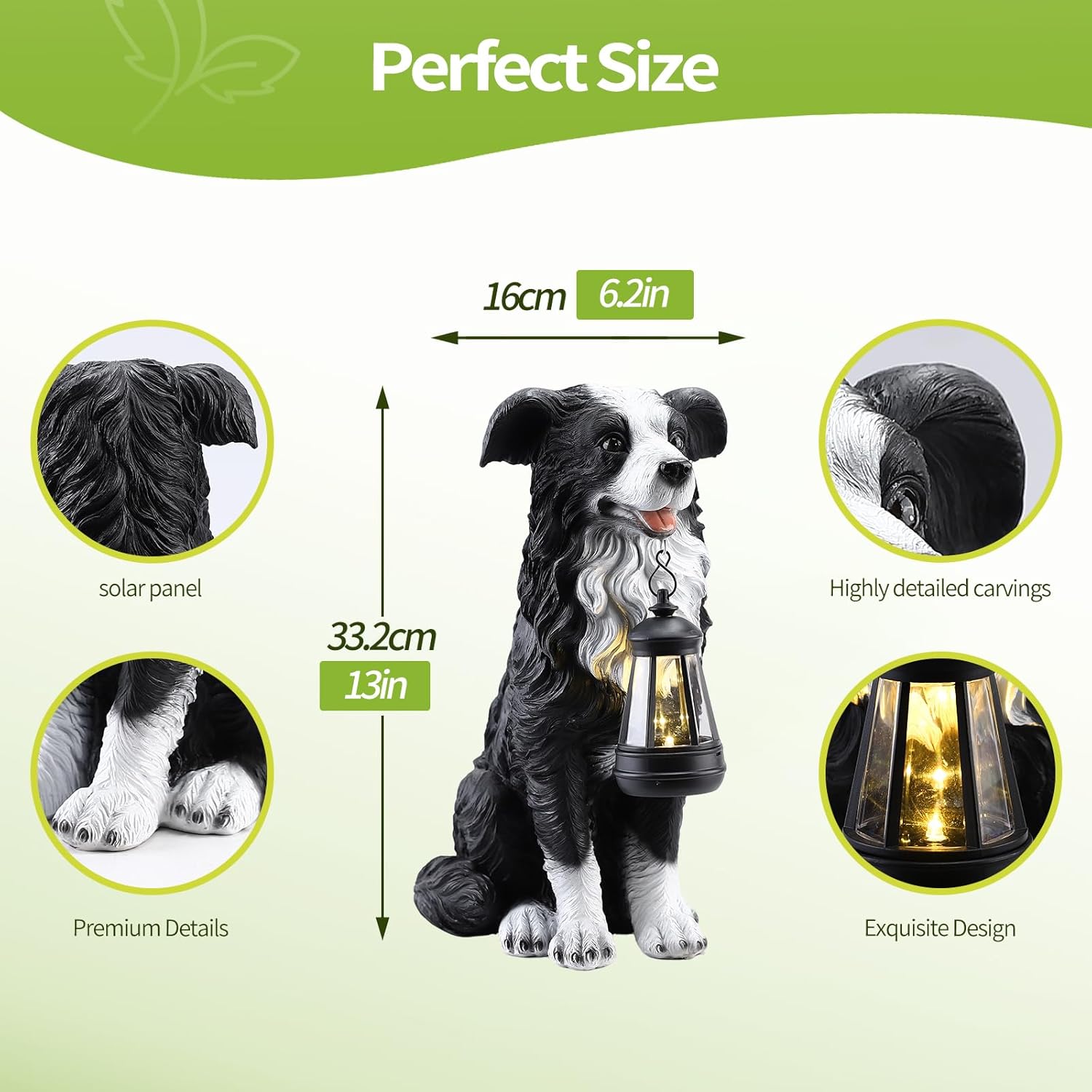13" Solar Dog Garden Statue with Lantern Light,Resin Black and White Sitting Dog Outdoor Decor, Waterproof Solar Powered Animal Lantern for Yard, Lawn, Garden, Pathway
